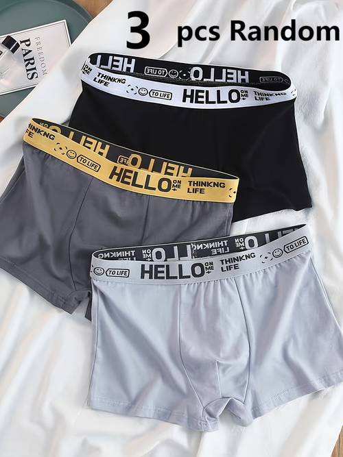 random 3 pc assorted colors breathable stretch men s boxer briefs polyester material with hello embroidery suitable for daily underwear design smooth fabric