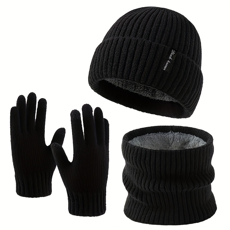 Image of Men's Outdoor Winter Scarf, Hat, And Gloves 3pcs Set, Letter Decorated Warm -lined Set, Unisex Outdoor Warm Casual Beanie Scarf And Gloves, Fashionable Versatile -lined Skiing And Cycling Set