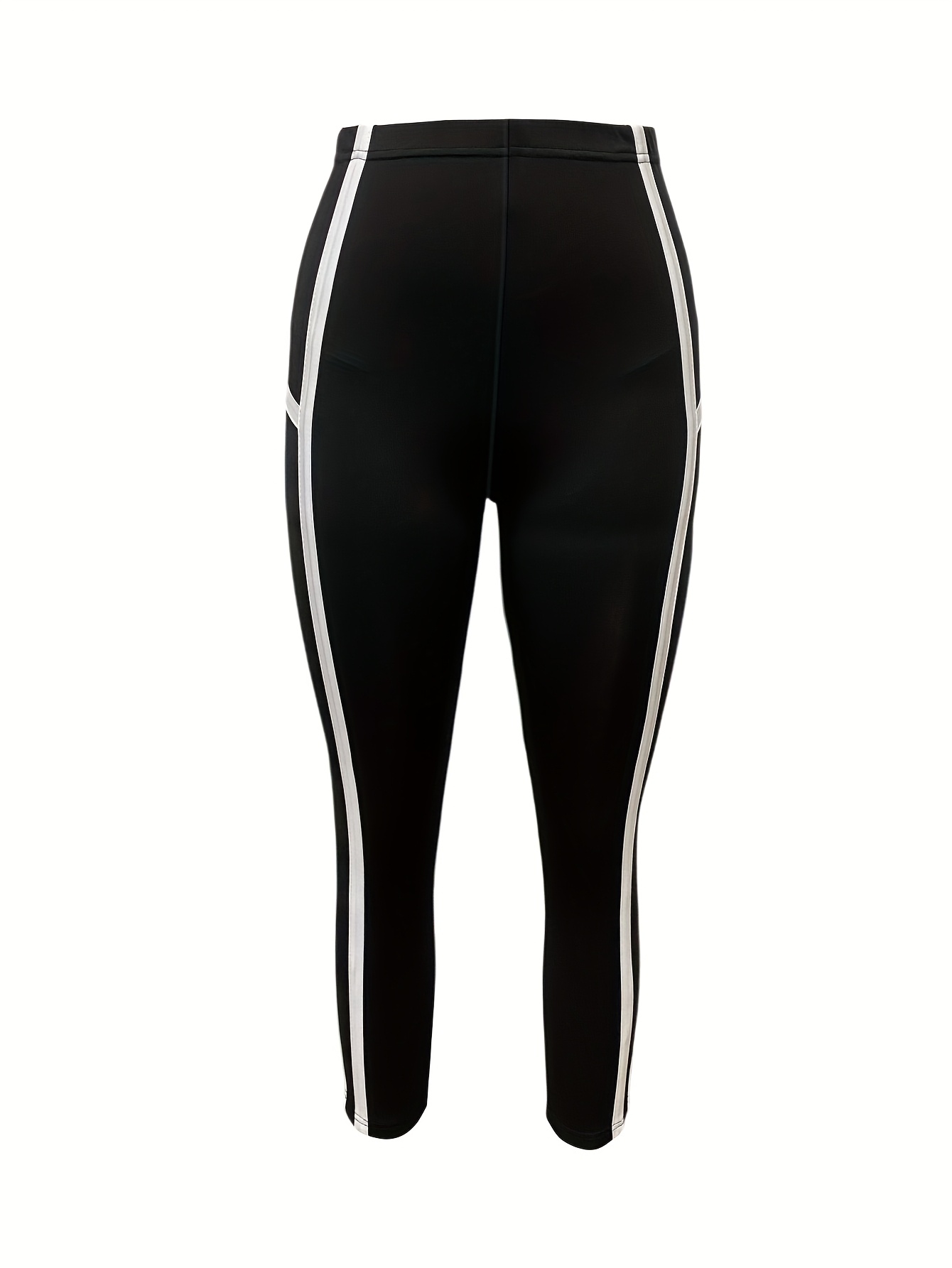 Women's High-Waisted Stretchy Yoga Leggings with Side Stripe Black  White, Ribbed Cuff, Versatile Activewear for Running, Gym, and Casual Attire