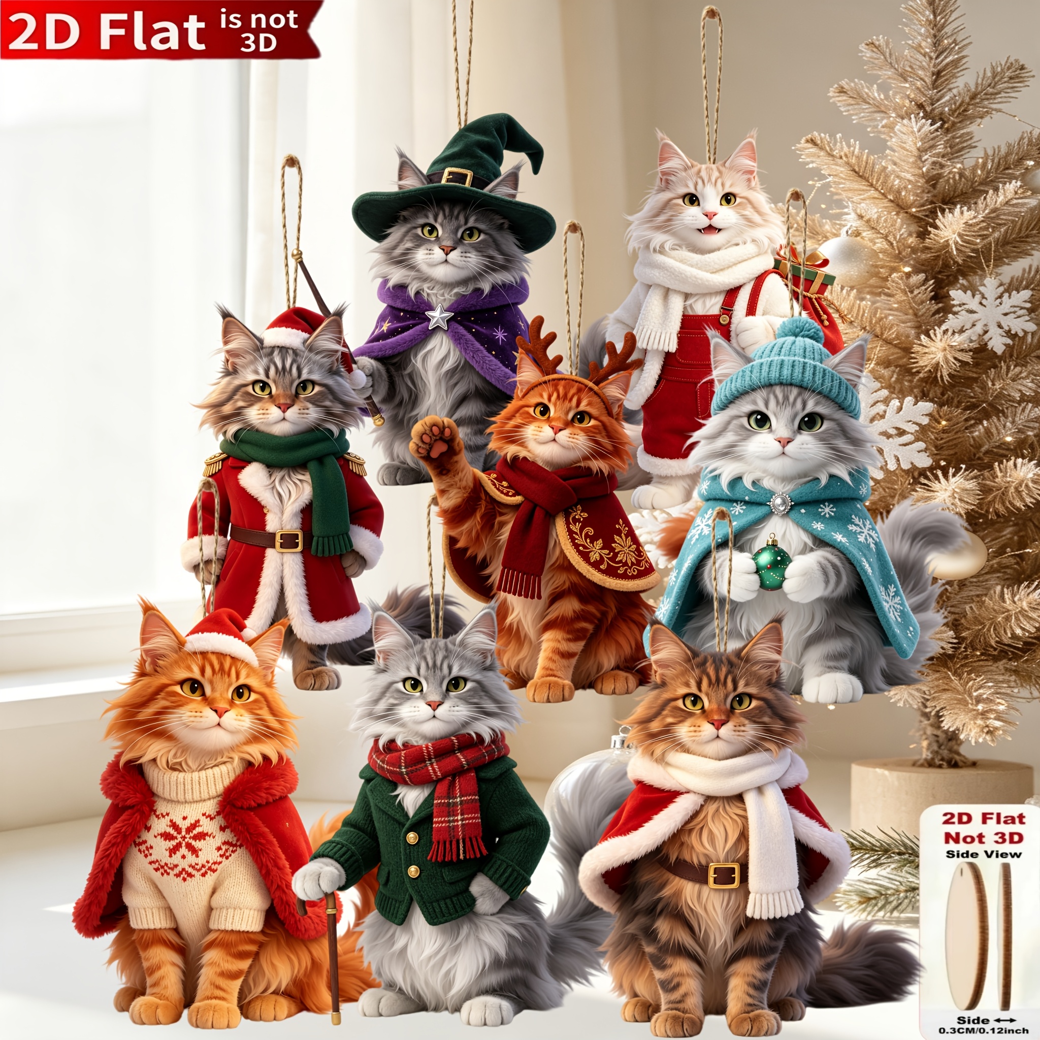 TEMU 2d Flat, 8pcs Cool Maine Cat Wooden Christmas Ornaments, Holiday Decorations, Party Gathering Decorations, Home Hanging Decorations, Christmas