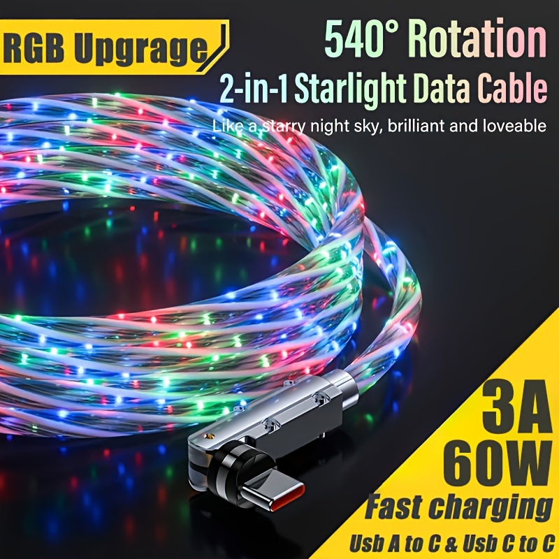 

New 100w Zinc Alloy 540-degree Rotating One-to-two Starlight Fast Charging Data Cable Starlight Car Ambient Light Usb A To C And C To C Dual-use Glowing Charger Cable