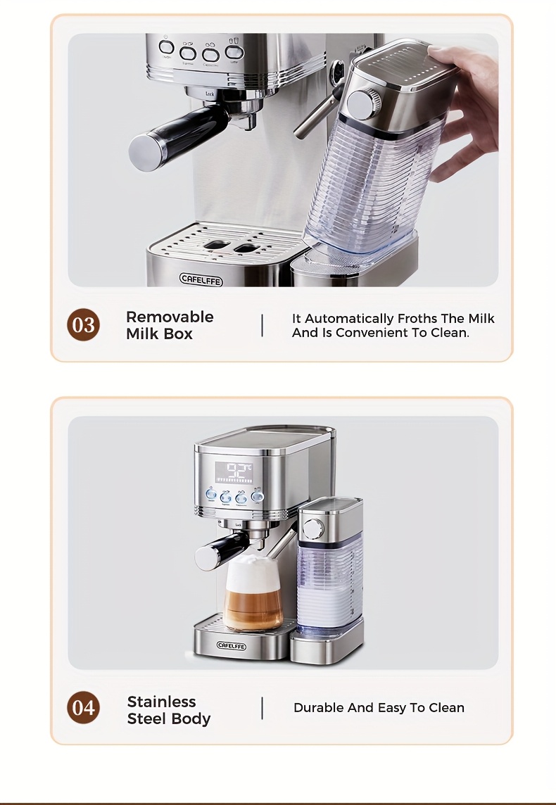 CAFELFFE Semi-Automatic Espresso Machine MK801 with Automatic Milk Frothing System, One-Touch Operation for Espresso, Latte & Cappuccino, 20BAR High Pressure, 1.3L Water Tank & 0.7L Milk Tank, Self-Cleaning Function, 1350W Power, 220-240V, Italian Semi-Automatic Coffee Maker with Digital Display & Temperature Control, Compact Design for Home & Office Use, Ideal for Coffee Lovers & Small Businesses, Cappuccino Machine, Latte Brewing, Modern Espresso, Sleek Coffee Maker, Durable, Coffee