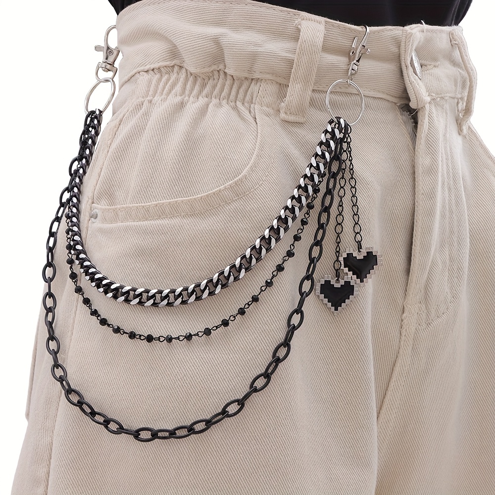 TEMU Dark Mosaic Heart Pendant Double-layer Metal Chain Pants, Versatile And Stylish