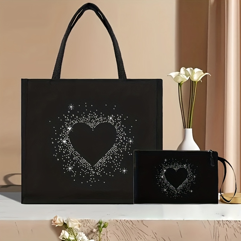 TEMU Printed Tote Bag With Small Pouch - Black Fabric Handbag, Elegant Heart Patterns, With Fixed Shoulder Strap, Suitable For Casual Or Formal