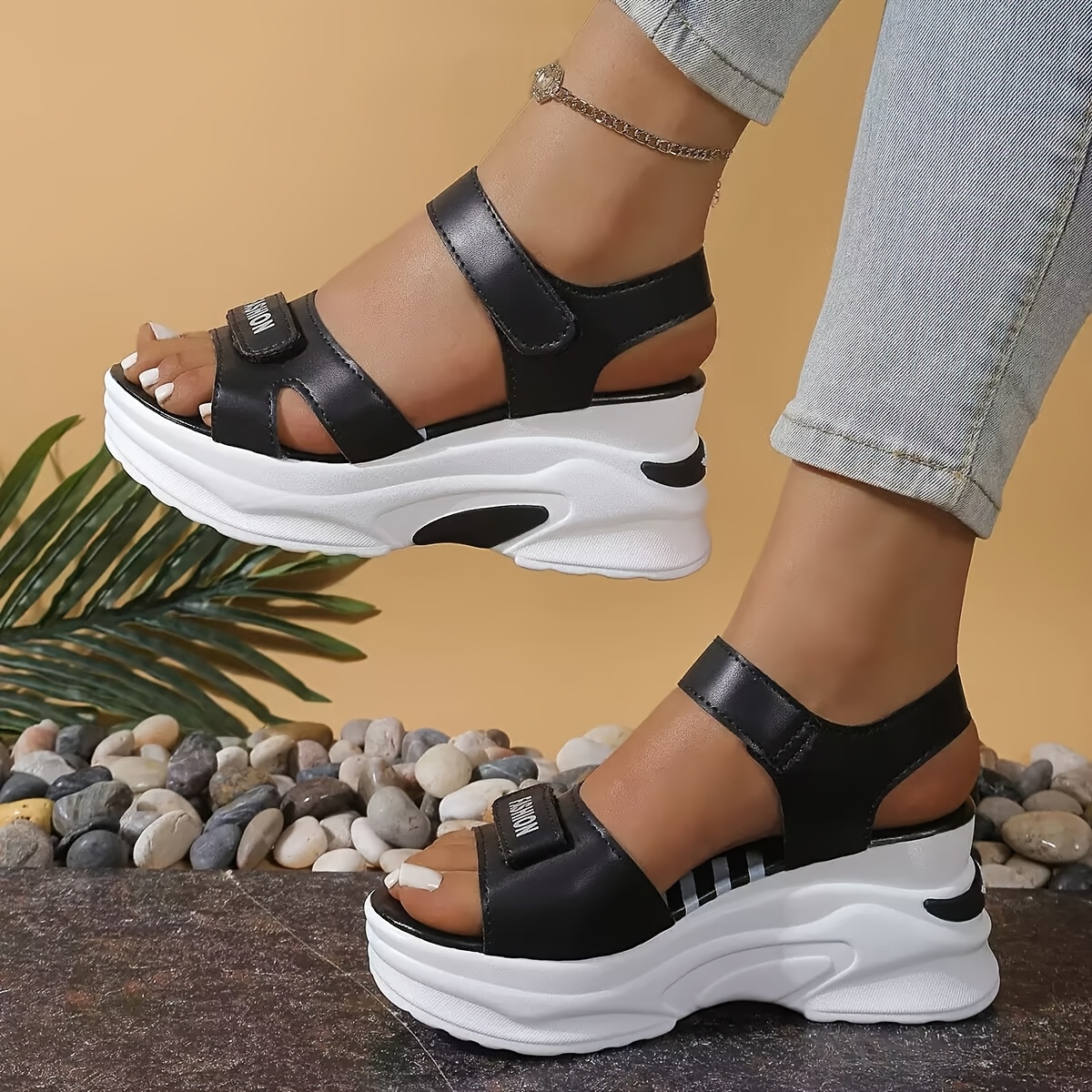 Women's Platform Sandals with Thick Wedge Heel Adjustable Hook-and-*  Strap, Slip-Resistant PU Sole Cushioned Insole Breathable Open-Toe  Summer