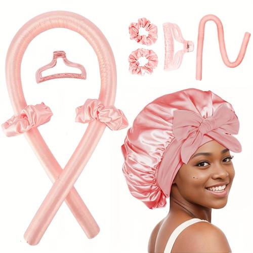 heatless hair curler with satin bonnet kit blowout heatless curls overnight no heat curling rod set with bonnet for sleep in sleep cap shower cap