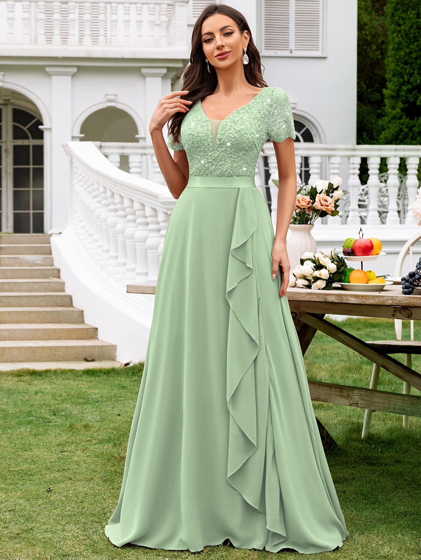 green emerald velvet dress Long Sleeve Long Wedding-Guest Dress 7482 Emerald / 2 main image 0