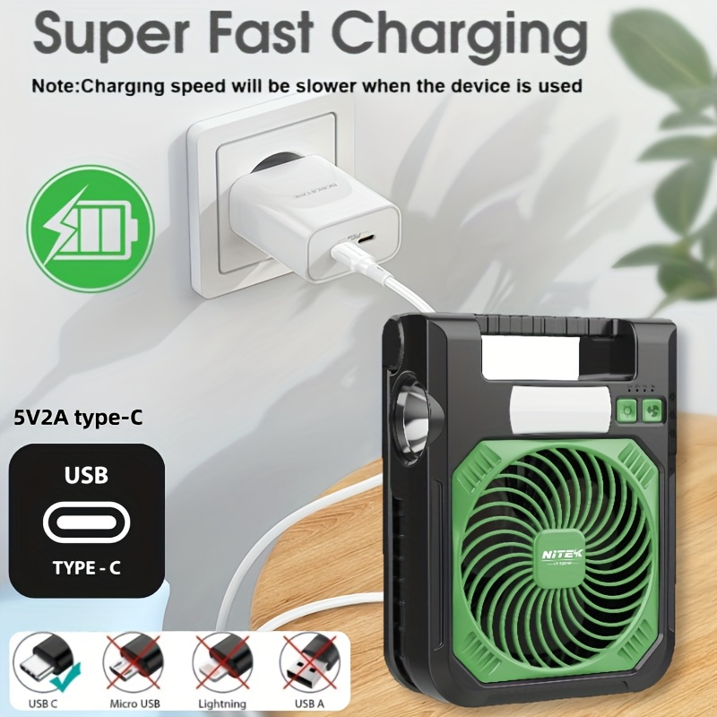 Portable Solar Fan with LED Night Light & Flashlight - USB Rechargeable