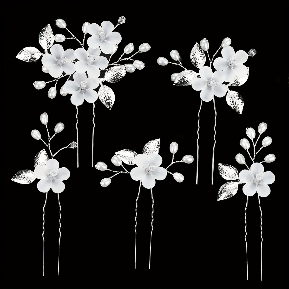 Image of 5pcs Elegant Bridal Hair Accessory Set Handmade Flower Leaf U-shaped Hairpin Minimalist Style Sweet Wedding Hairstyle Styling Bobby Pins Headwear