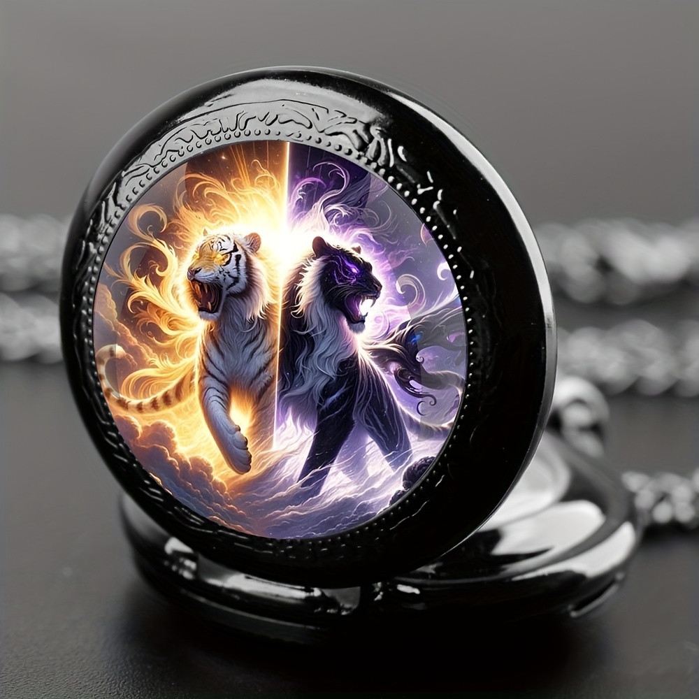 vintage style retro quartz pocket watch with cool tiger and wolf design mens and womens fashionable timepiece details 0