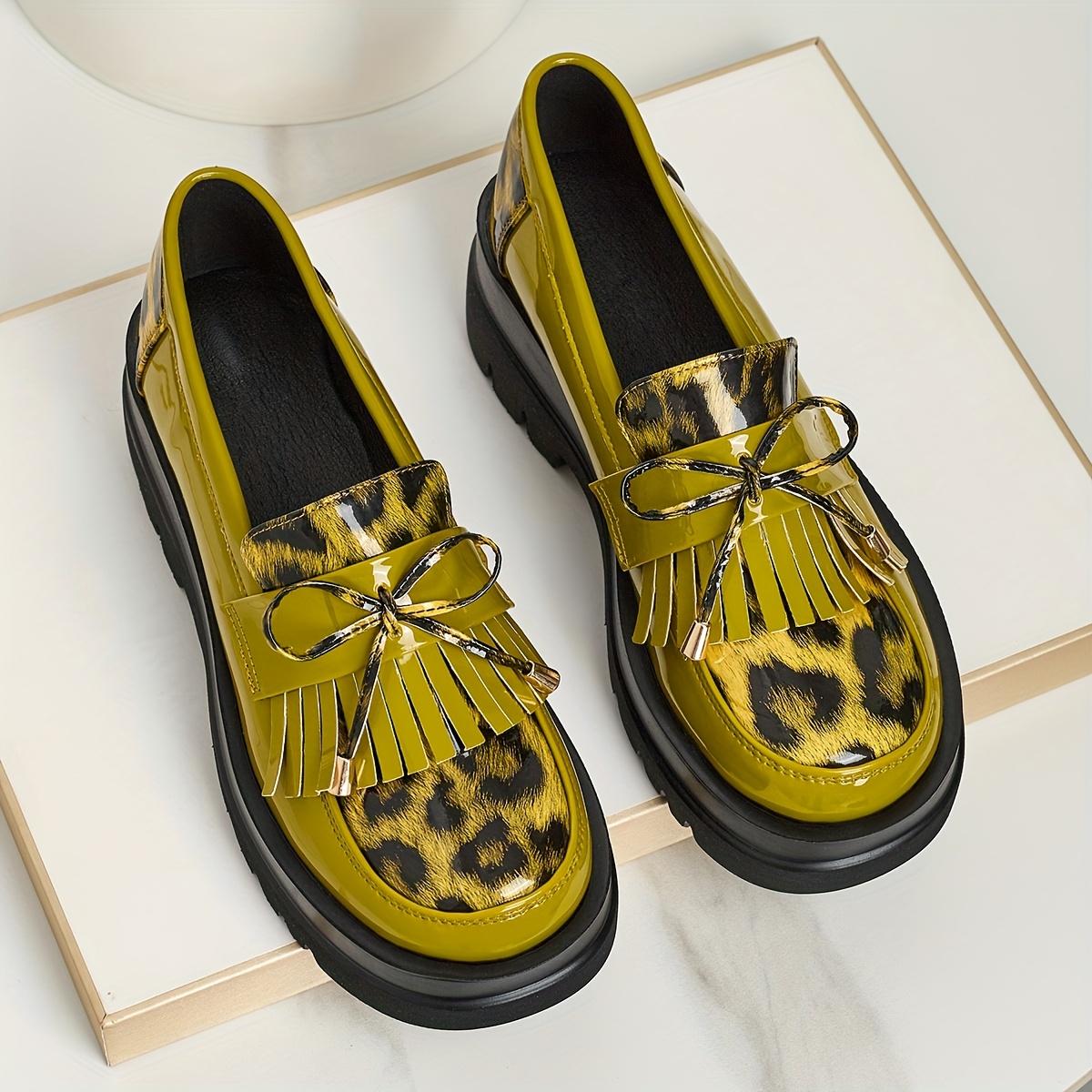 dmsk preppy styl leopard potisk mokasn s bow detail, pohodln slip-on aty, kulat nosek syntetick horn a vnitn, falen podrka - celoron lern a formln obuv, dmsk boty 4