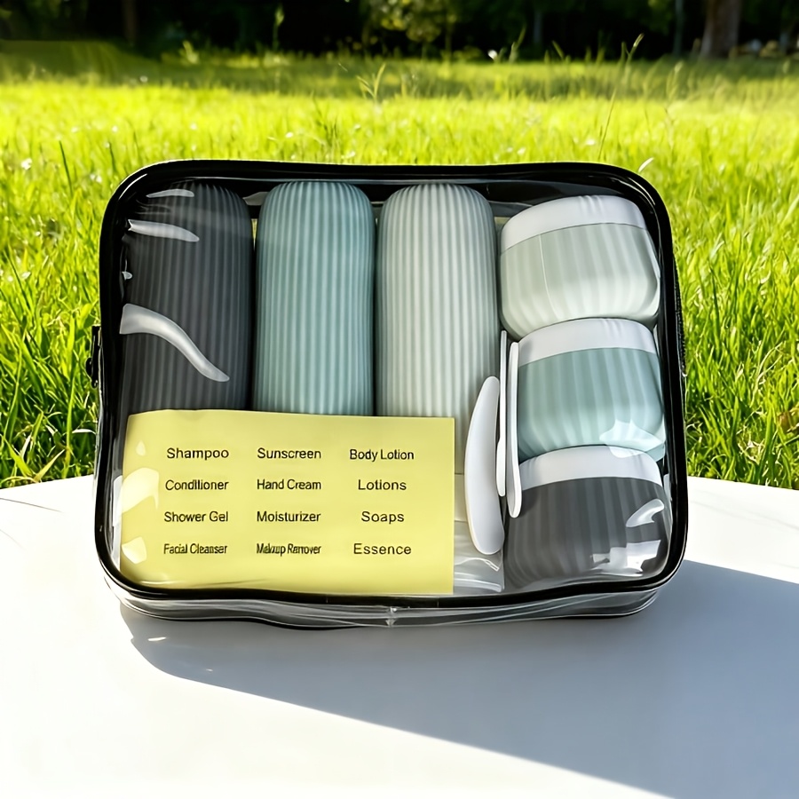 TEMU Set de 11 pièces d'articles de voyage, ensemble de contenants de toilette de voyage approuvés par la TSA, 3 flacons rechargeables en silicone