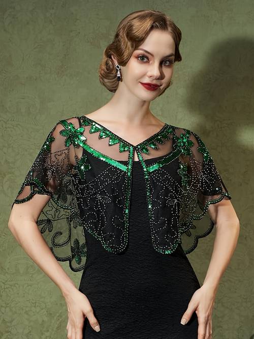 Artikelbild plus size - retro schimmernder blumen-schal - elegante 1920er stil plus size umschlag, perlenbesetzter pailletten, böhmische mode damen abendkleid blumenumhang