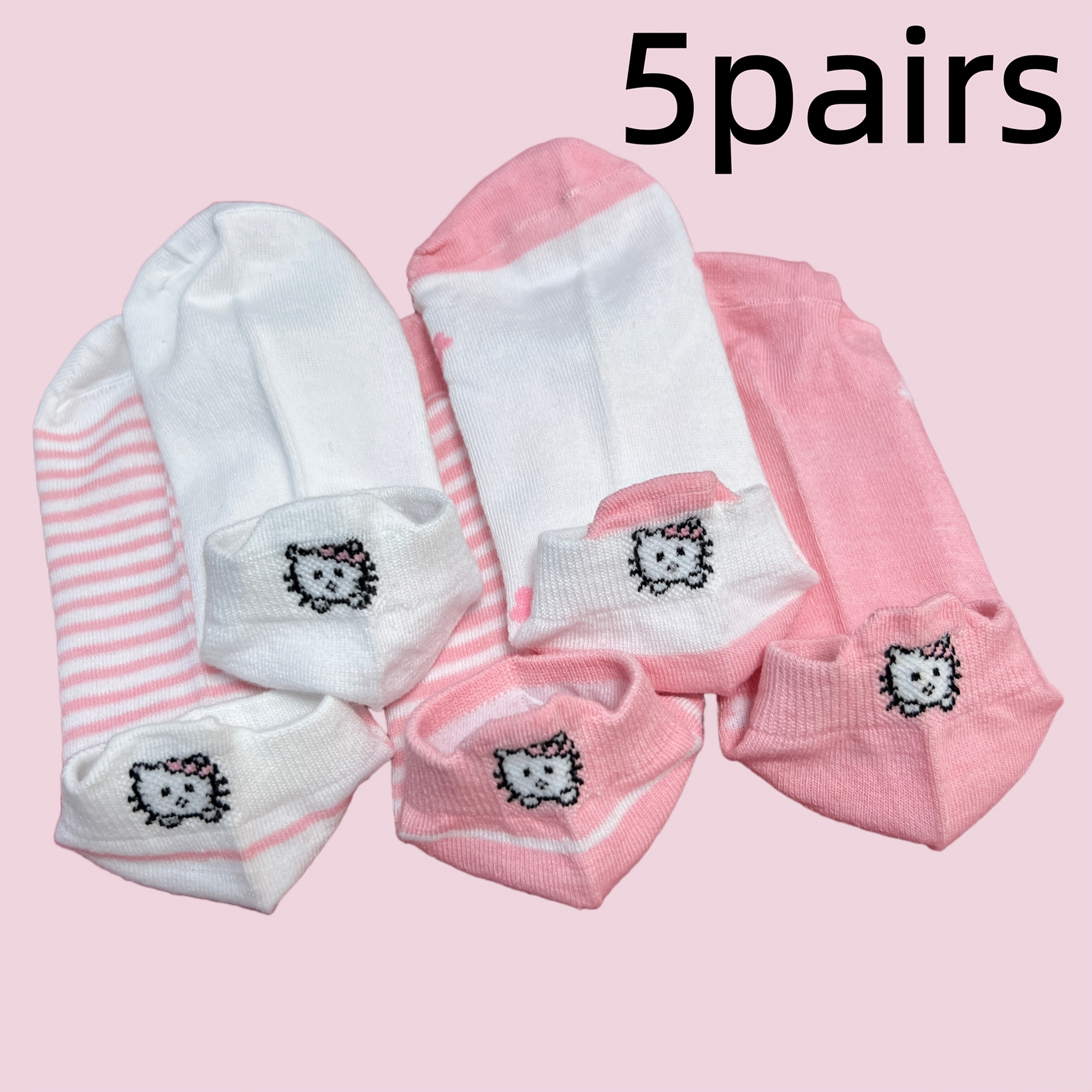 5 Pairs Of Hello Kitty Cartoon-patterned Polyester 100% Women's Ankle Socks - Soft, Invisible, Socks