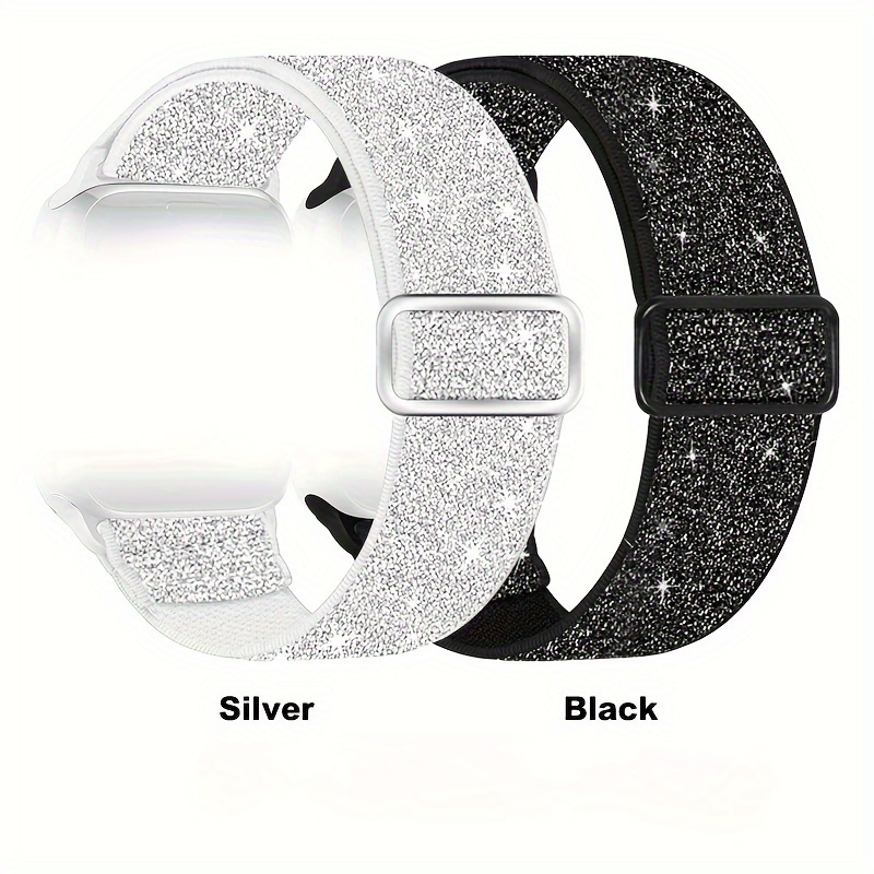 Image of 2pcs Bling Nylon Stretchy Bands Compatible With Iwatch Bands 38mm 40mm 41mm 42mm 44mm 45mm 49mm For Women, Adjustable Braided Solo Bands For Iwatch Series 6 Se 5 4 3 2 1