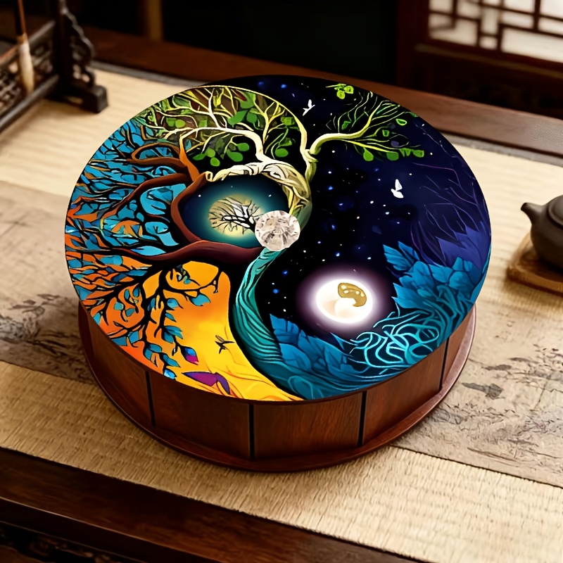 TEMU 1pc Wooden Yin Yang Tai Chi Tree Of Box With Lid Crystal Handle 4-grid Organizer, Handmade Assembly, Suitable For Christmas/graduation
