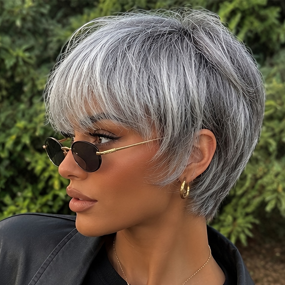 TEMU Short Grey Wigs For Women Cut Gray Wigs With Bangs Natural Curly Human Hair Short Mixed White Wig For Older Women