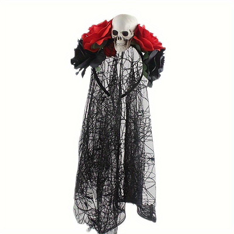 Image of 1pc Women's Halloween Skull Headband With Artificial Roses, Black Lace Hair Clip, Spoof Horror Headband, Prom Floral Costume Party Headpiece