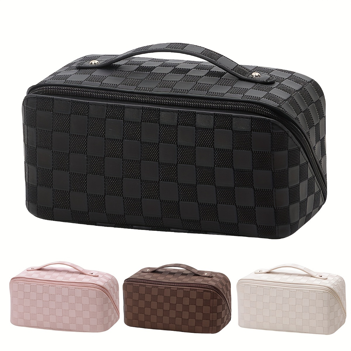 

Checkerboard Pattern Makeup Organizer Bag, Portable Cosmetic Brush Storage Bag, Pu Leather, Suitable For Home Travel Makeup Storage And Toiletry Organization