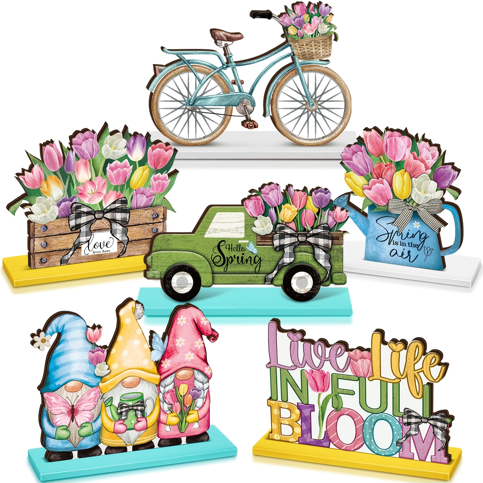 TEMU 6pcs Spring Party Table Centerpiece Decor, Rustic Wooden Tiered Tray Decoration Set-flowers, Trucks, And Dwarfs, Spring Ornaments With