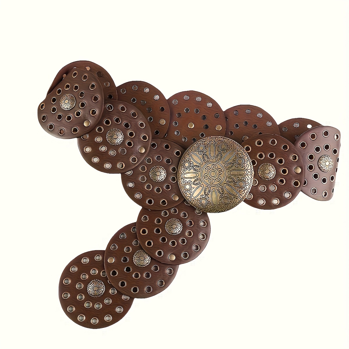 TEMU Vintage Bohemian Women's Belt With Engraved Metal - Western Style Handcrafted Round With Perforated Design For Casual, Party, Travel - A