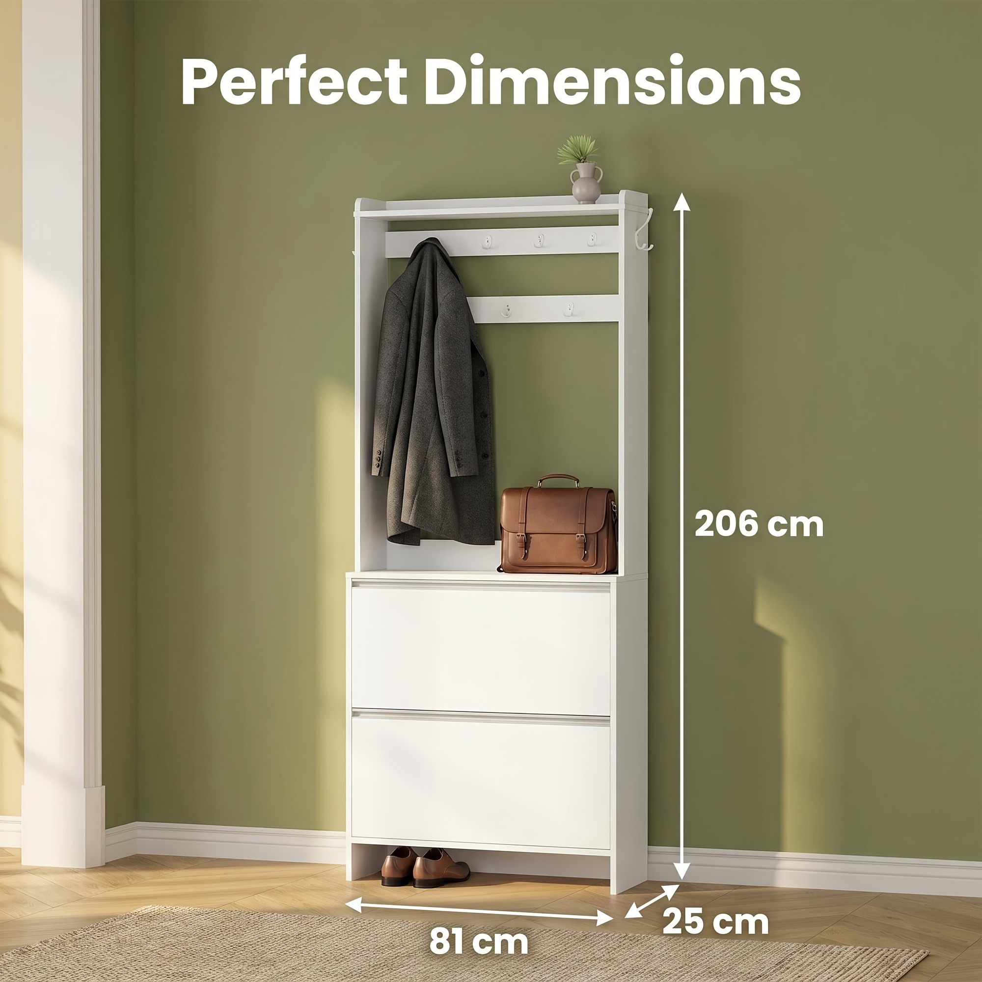 Image of Multi-functional Entryway Coat And Shoe Cabinet With Large-capacity Storage Design, Hooks, And Adjustable Shelves, White Minimalist Foyer Cabinet, 81×25×206cm