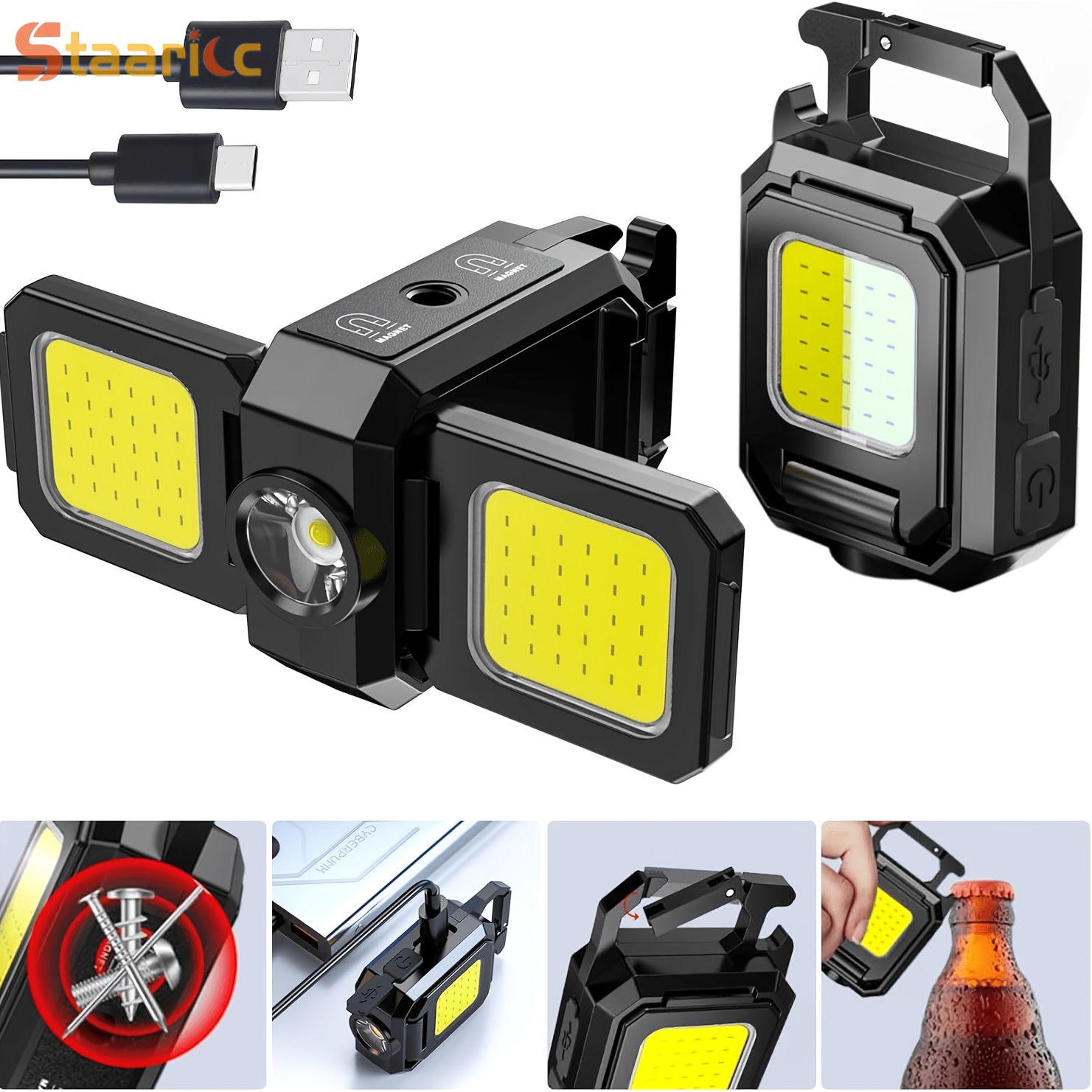 E-shop Cob Schlüsselanhänger Arbeitsleuchte 5 , 90° Faltbare Lampe, Wiederaufladbare Mini-Taschenlampe mit Flaschenöffner Magnet für Outdoor Camping