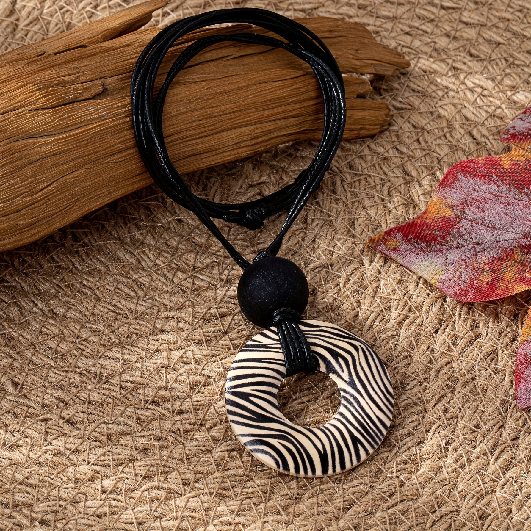 Image of 1pc Boho Western Country Style Wooden Bead And Zebra Print Wooden Pendant Women's Necklace, Hand-tied Cord Necklace, Black And White Striped Necklace, Wooden Necklace