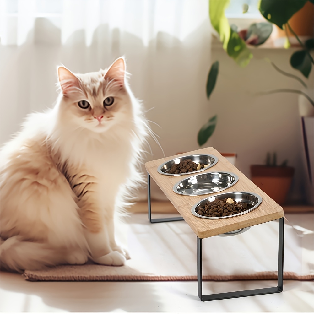 TEMU 【猫用ボウル】ペットボウル 猫 ネック保護 倒れ防止 ボウル 木製 ステンレススチール 三つボウル 斜め鉄製 高さ調節可能 床置き 猫用フードボウル 猫用給餌ラック 木製 猫用フード 水ボウル ラック
