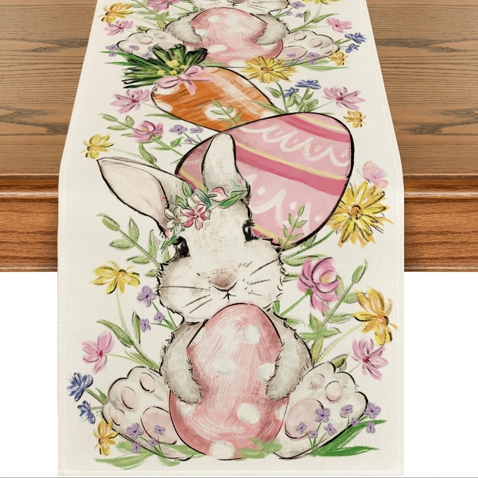 

Easter Bunny Table Runner, Polyester Woven Rectangular Farmhouse Decor, With Floral And Design, For Spring Seasonal Dining Table Decoration, Indoor And Outdoor Use