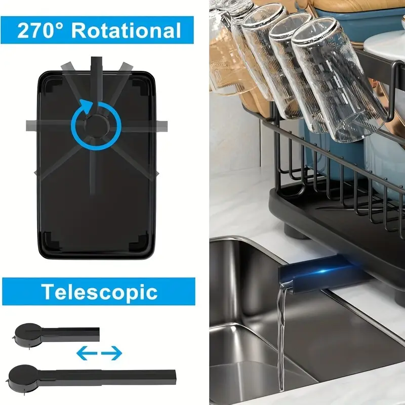 2 tier dish drying rack with drain board cutlery holder cutting board cup holder kitchen counter hooks rust proof large dish drain rack black Product details 3