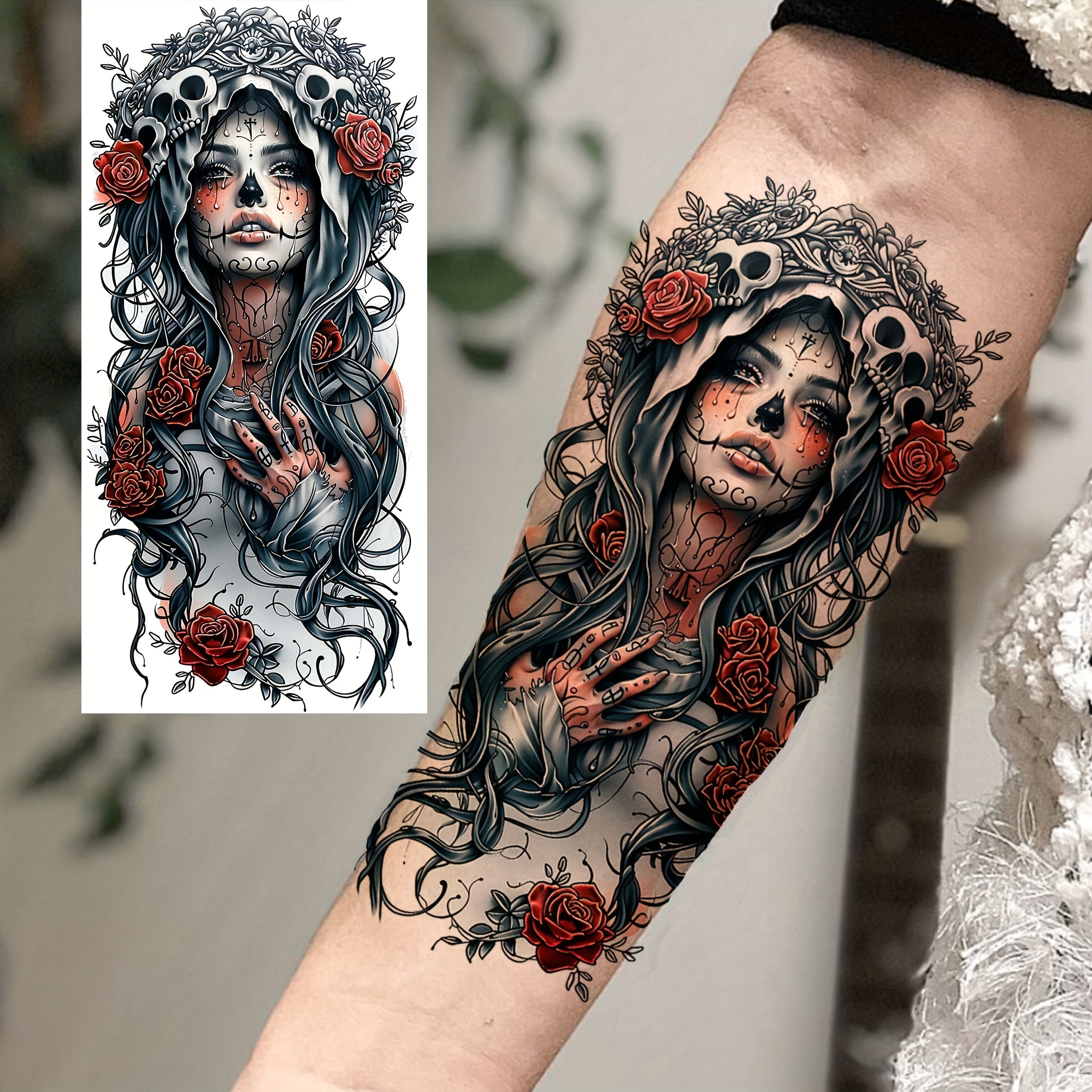 8 sheets realistic skeleton face temporary tattoos with floral vine rose designs long lasting waterproof   tattoos for halloween gothic body art full arm leg sleeve decals for men women adults   remove costume accessories   decal cosplay enthusiasts