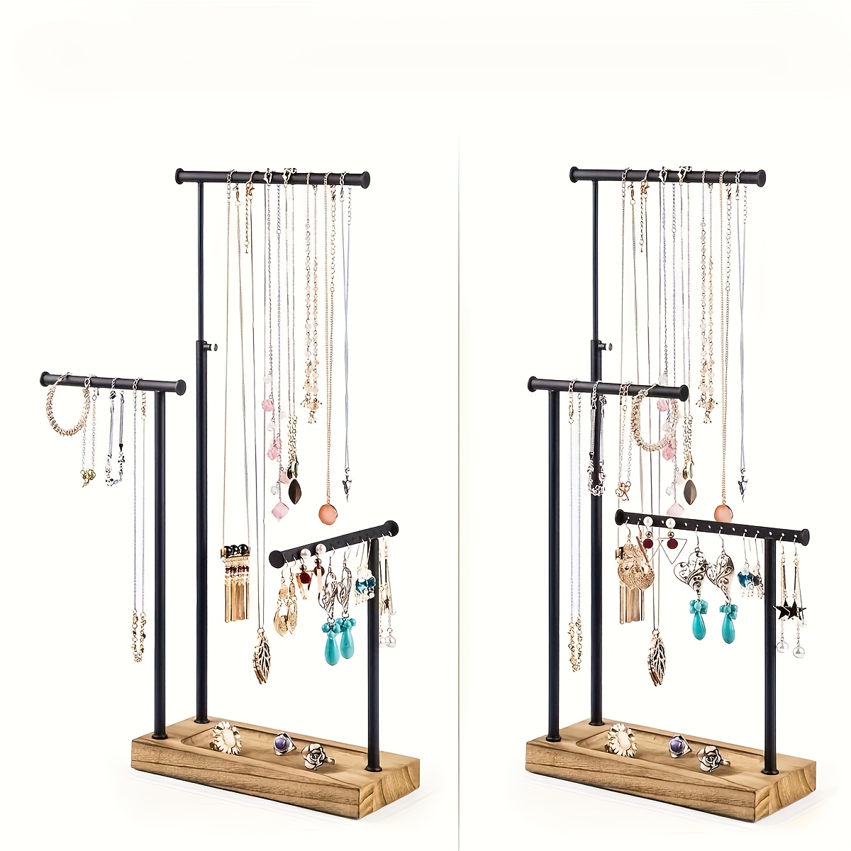 Artikelbild 1 höhenverstellbarer 3-stöckiger schmuckständer, schmuckaufbewahrungsregal aus holz - schwarzer metallrahmen mit kuppelförmigen holzregalen, mehrzweck-displayständer für halsketten, armbänder, ohrringe, uhren - moderne wohnkultur und schmuckaufbewahrung, elegantes design