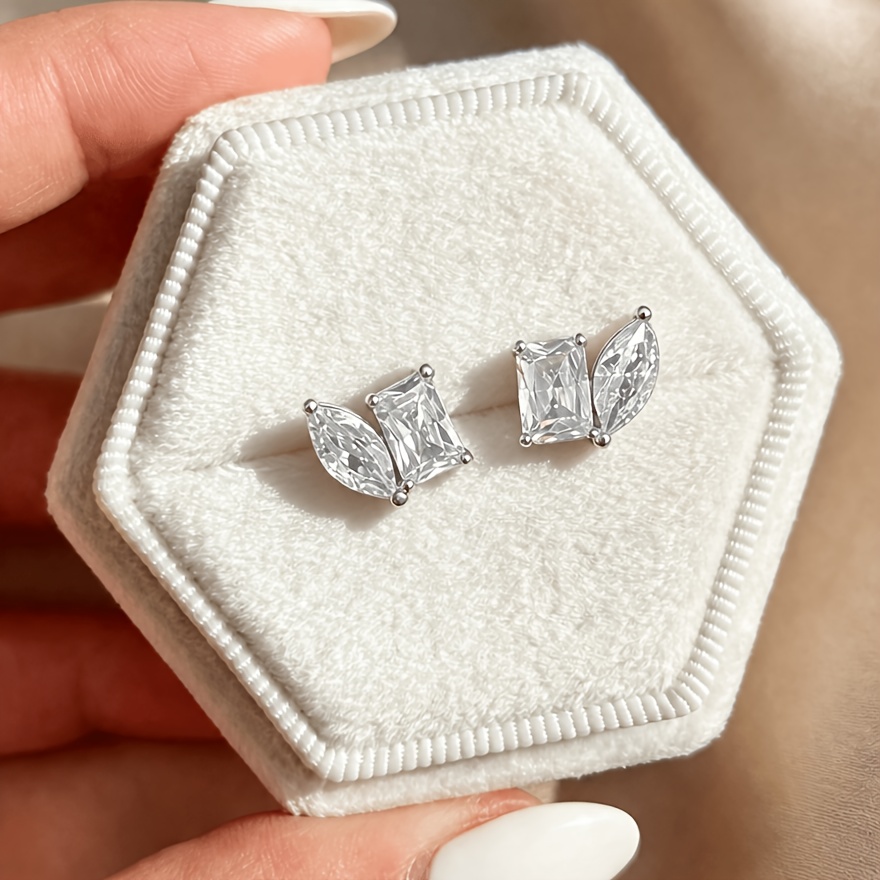 TEMU A Pair Of Sterling Silvery Women's Stud Earrings With Irregular Synthetic Zirconia Inlays, Offering A Fashionable, Simple, And Versatile Design