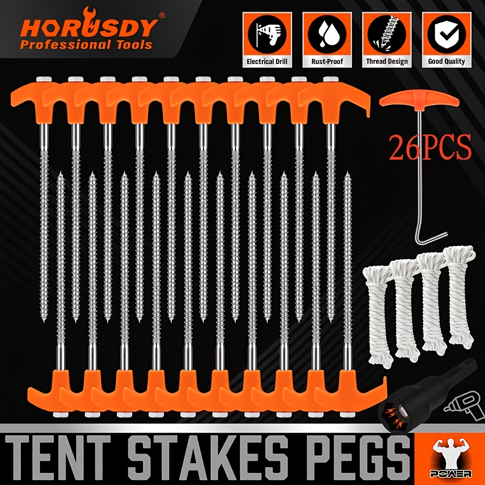 TEMU Horusdy 26 Pack Durable Tent Stakes With 4x13ft Rope And 1 Stopper T Pull Hook For Camping