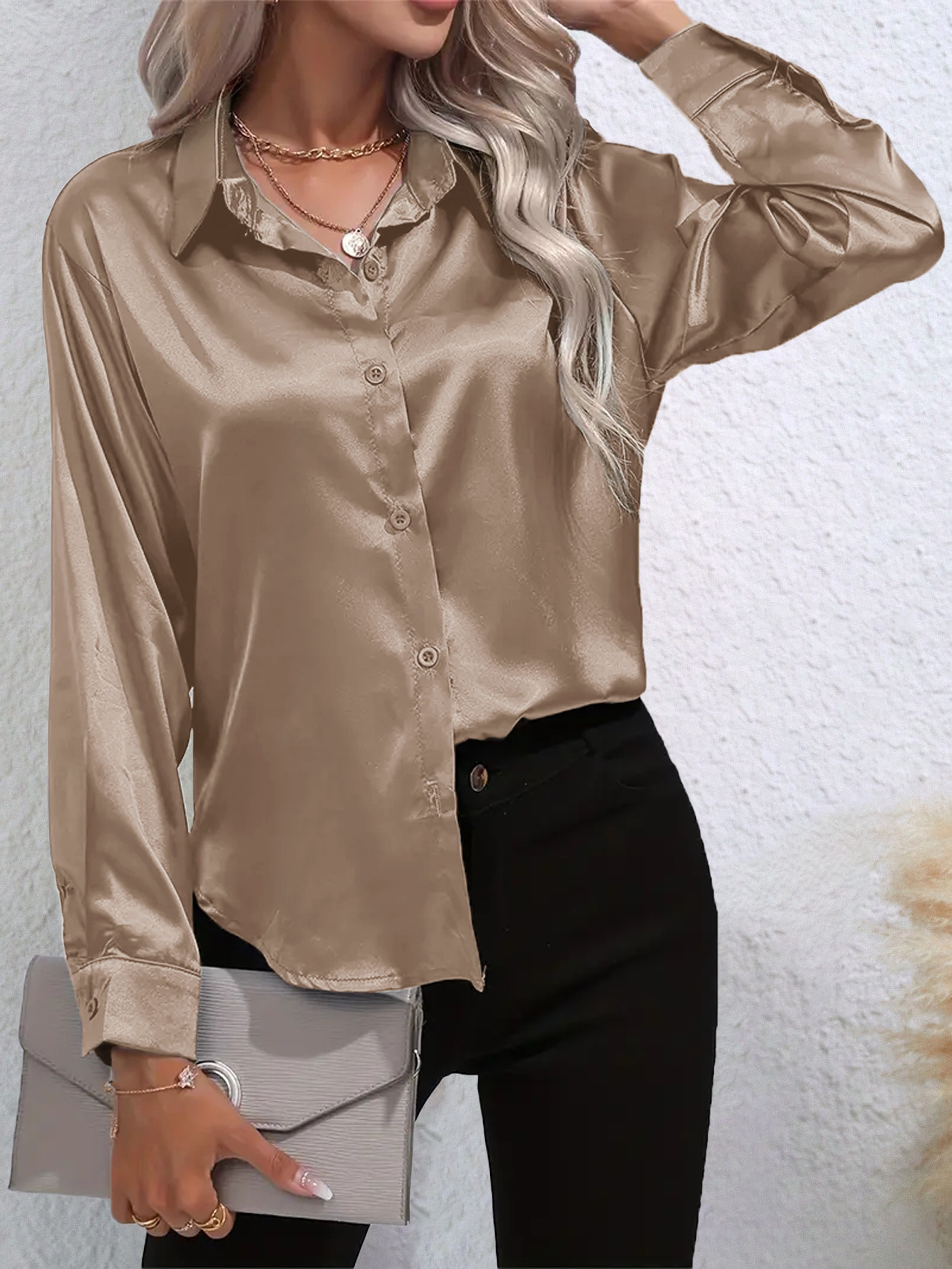 womens elegant loose fit long sleeve blouse micro elastic - Temu