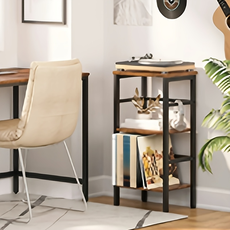 Image of 3-layer Bookshelf | Vertical Storage Rack With Design, Multi-functional, Sturdy Golden Metal Frame, Industrial Style, Suitable For Living Room, Bedroom, Study | , Dark Brown Wood, Capacity 5 Kg