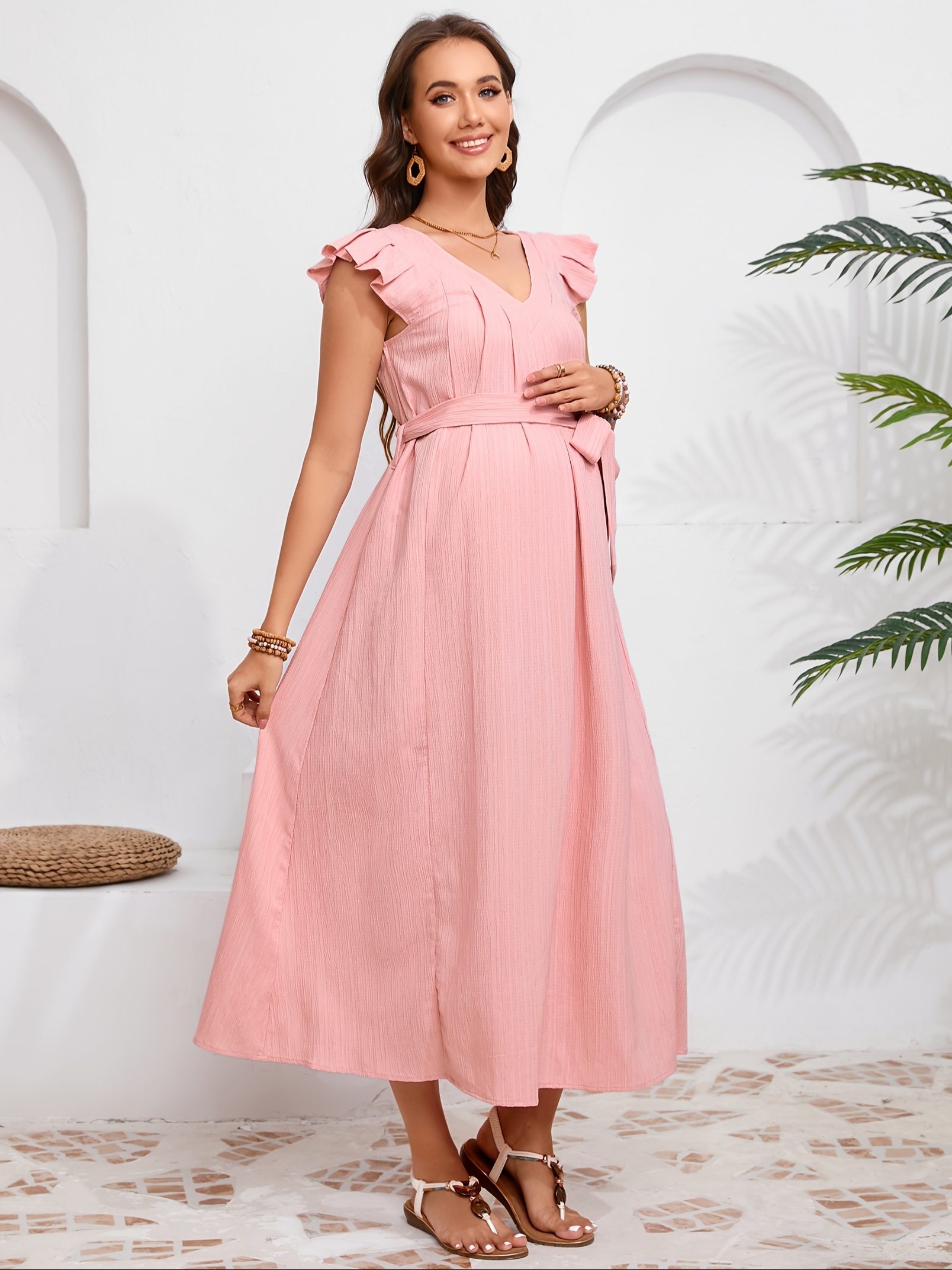 maternity dress summer ruffle cap sleeve v neck pleated - Temu