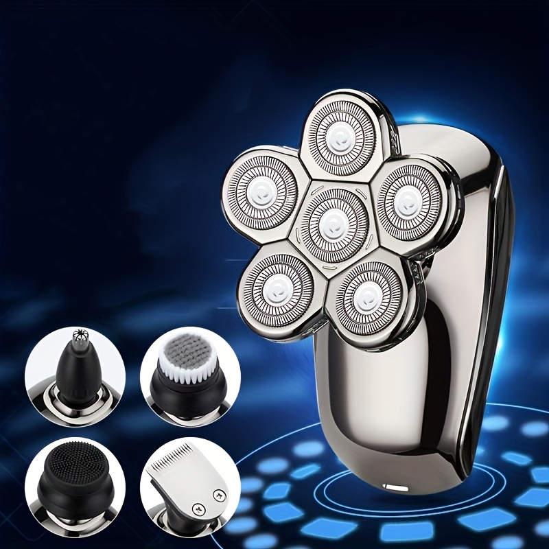 All-in-One-Pflegeset für Männer mit Glatze: Elektrischer Rasierer und Trimmer in einem, inklusive kabellosem, wiederaufladbarem Rotationsklingenrasierer, Haarschneider, Nasenhaartrimmer, Bürste und Massageaufsatz. Komplettes Set für die Glatzenrasur. Produktdetails 0