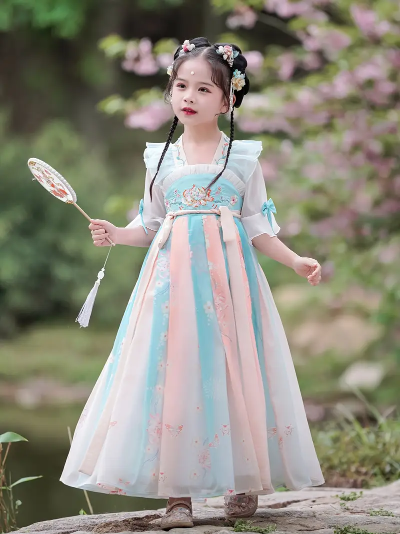 hanfu dress short Francoix - Chinese Hanfu Set Of 3: Embroidered Long-Sleeve Short Coat + Embroidered Tank Top + Print Semi-Body Short Dress