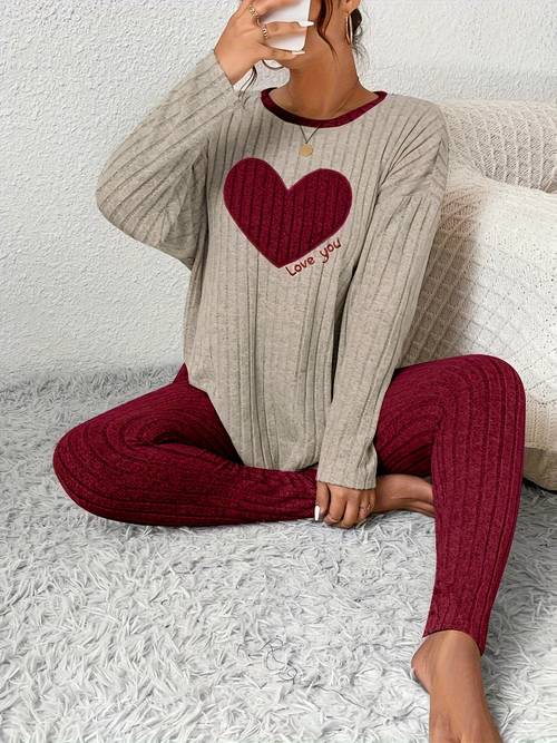 autumn winter new womens pajama set 2pcs ribbed cable heart english embroidery round neck color block long sleeve fit pants