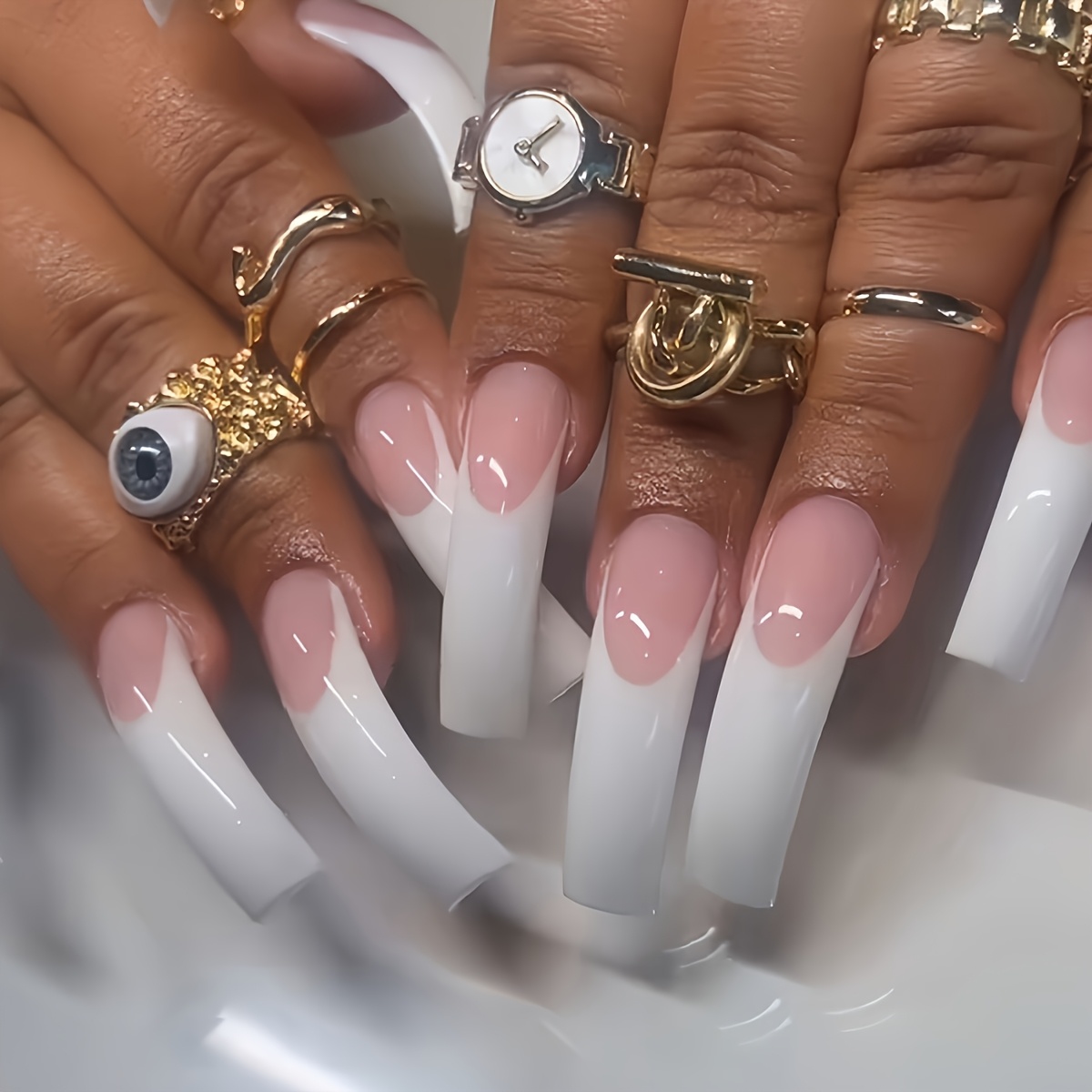 TEMU 20pcs Ongles Extra-Longs Courbés à Écailles de Dragon, Blanc Brillant avec Extrémités Extra-Longues Style Français Recouvrant des Faux Ongles ,