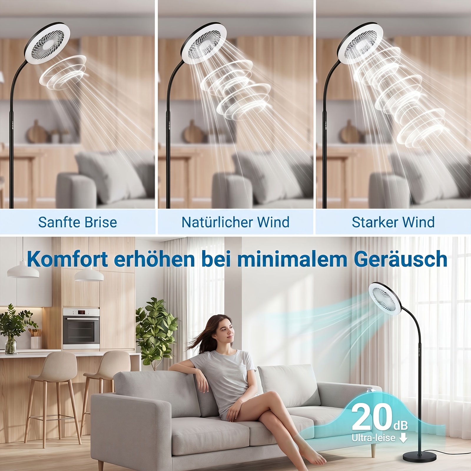 Lampe de sol LED avec ventilateur, ventilateur sur pied réglable en hauteur de 185 cm, lampe de sol RGB à col de cygne à intensité variable, télécommande avec 3 vitesses de vent pour salon, chambre à coucher, salle de lecture