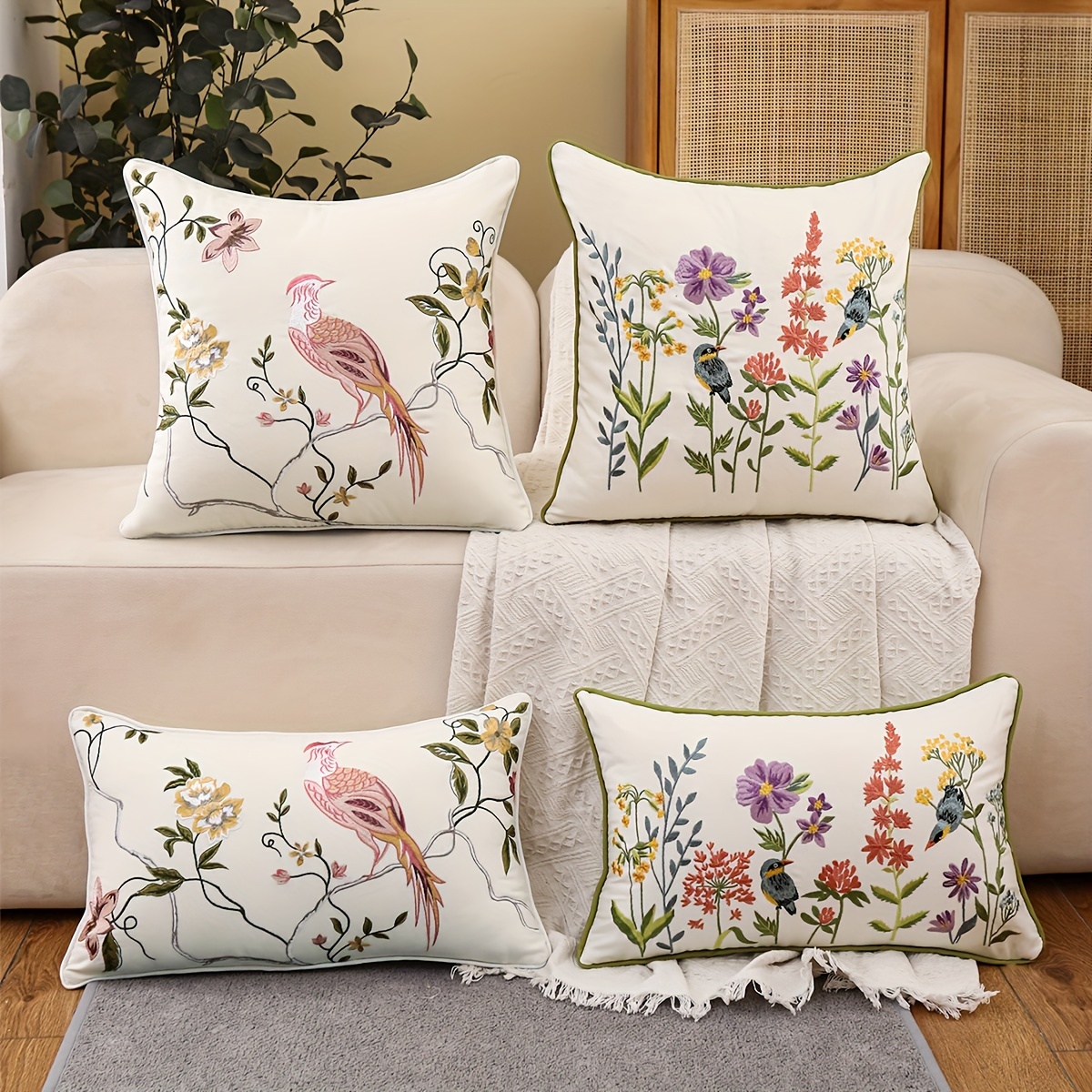 

1pc Canvas Flower Grass Bird Embroidery Throw Pillow Cover Without Pillow Insert