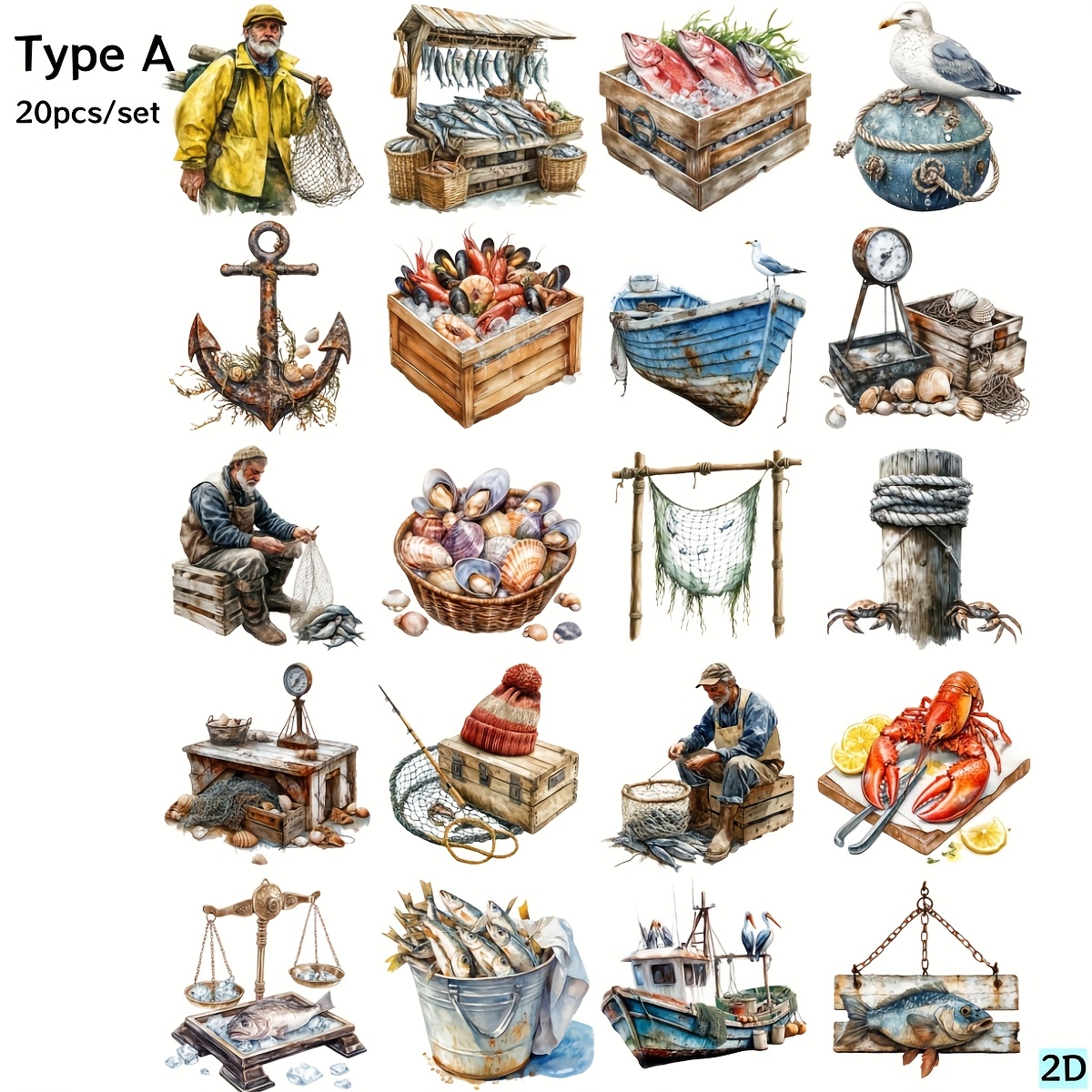 E-shop 20 Stk./Set Handgemachte Kreative Retro Fischerboot Segelboot Fisch Möwe Hafen Aufkleber Geeignet für Müll Tagebuch Notizbuch Dekoration