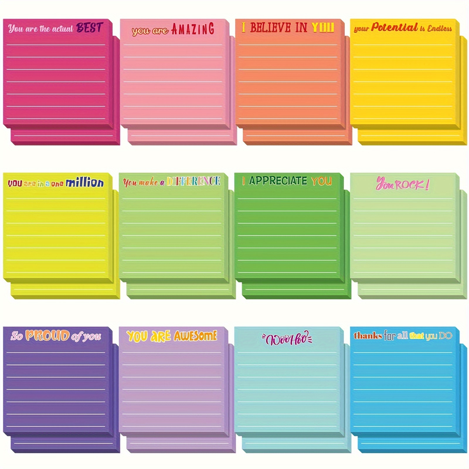 

12pcs Inspirational Notes, 3x3 Inches With Lines - Vibrant Phrases For Encouragement & Appreciation, Perfect Gift For Colleagues, Nurses, Teachers - Cute Office & School Supplies, Inspirational Cards