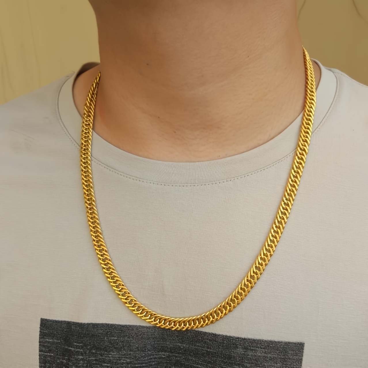 Men's Double Layer Cuban Chain Necklace Golden Hip Hop Style Bold Thick Chains