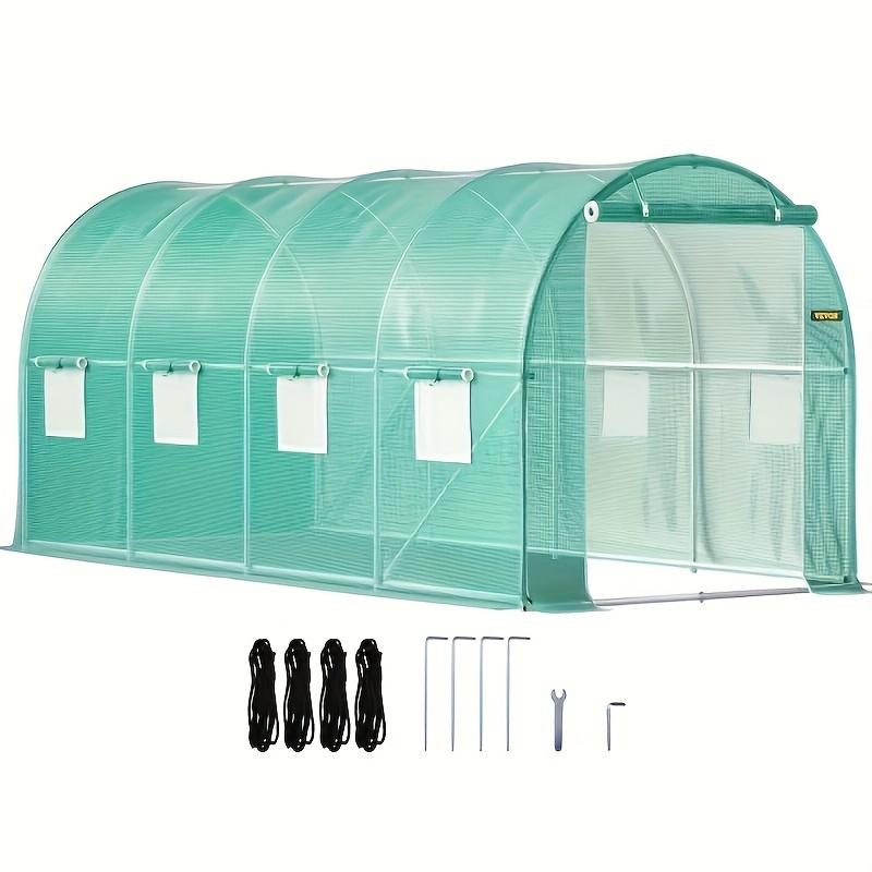 

Walk-in Tunnel Greenhouse, 15 X 7 X 7 Ft Portable Plant Hot House W/ Galvanized Steel Hoops, 1 Top Beam, Diagonal Poles, Zippered Door & 8 Roll-up Windows, Green