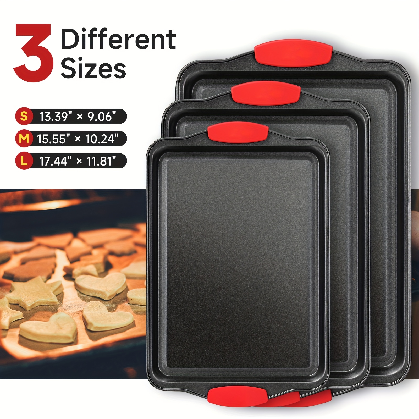 TEMU Baking Sheet, Carbon Steel Baking Pans Set, 3pcs Cookie Sheet, Grilling Trays, Oven Accessories, Baking Tools, Kitchen Gadgets, Kitchen