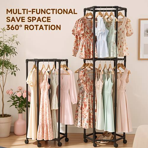 rotating clothing rack with wheels heavy duty metal garment rack for hanging clothes multifunctional rotating clothing organizer freestanding closet organizer for bedroom laundry saving closet storage for coats dresses pants
